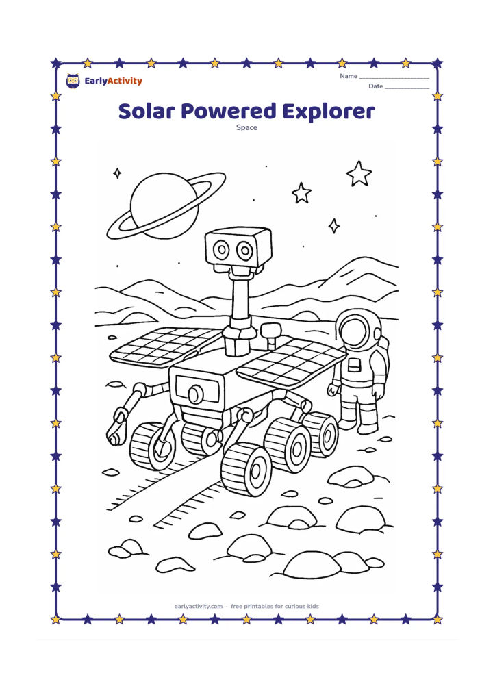 Colouring page: Draw a detailed robotic spacecraft exploring a rocky planet, with broad solar panels, articulated arms, a camera mast, wheel tracks and an astronaut observing from nearby. Add a distant…