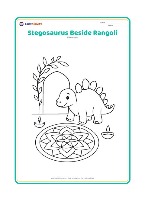 Colouring page: Draw a friendly stegosaurus standing beside a large simple geometric rangoli pattern on the ground, with a leafy doorway and two plain clay lamps nearby. The rangoli must contain shapes…