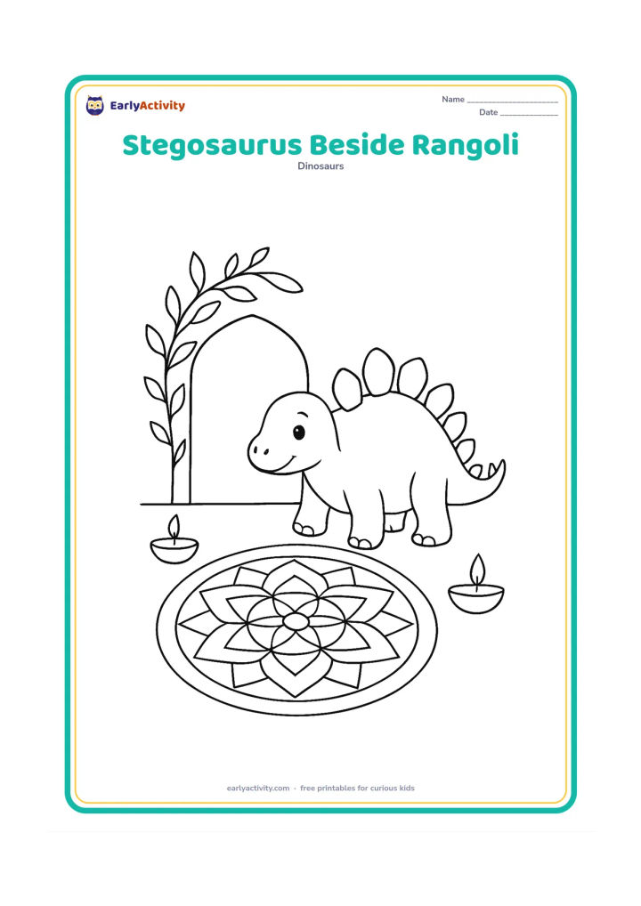 Colouring page: Draw a friendly stegosaurus standing beside a large simple geometric rangoli pattern on the ground, with a leafy doorway and two plain clay lamps nearby. The rangoli must contain shapes…