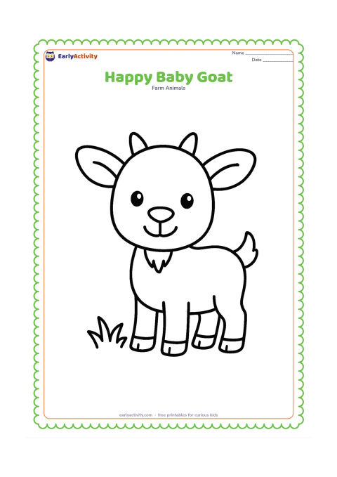 Colouring page: Draw a cheerful baby goat standing with oversized ears, tiny horns, a little beard, and short legs. Add two simple grass tufts beneath it.