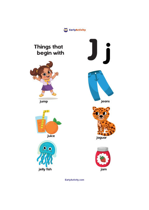 Worksheet showing the letter J and six labelled pictures: jump, jeans, juice, jaguar, jellyfish and jam.