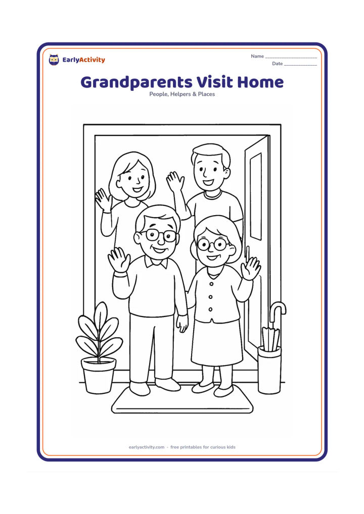 Colouring page: Show two grandparents arriving at a doorway while family members welcome them with raised hands and smiles. Include a doormat, potted plants and a small umbrella stand.