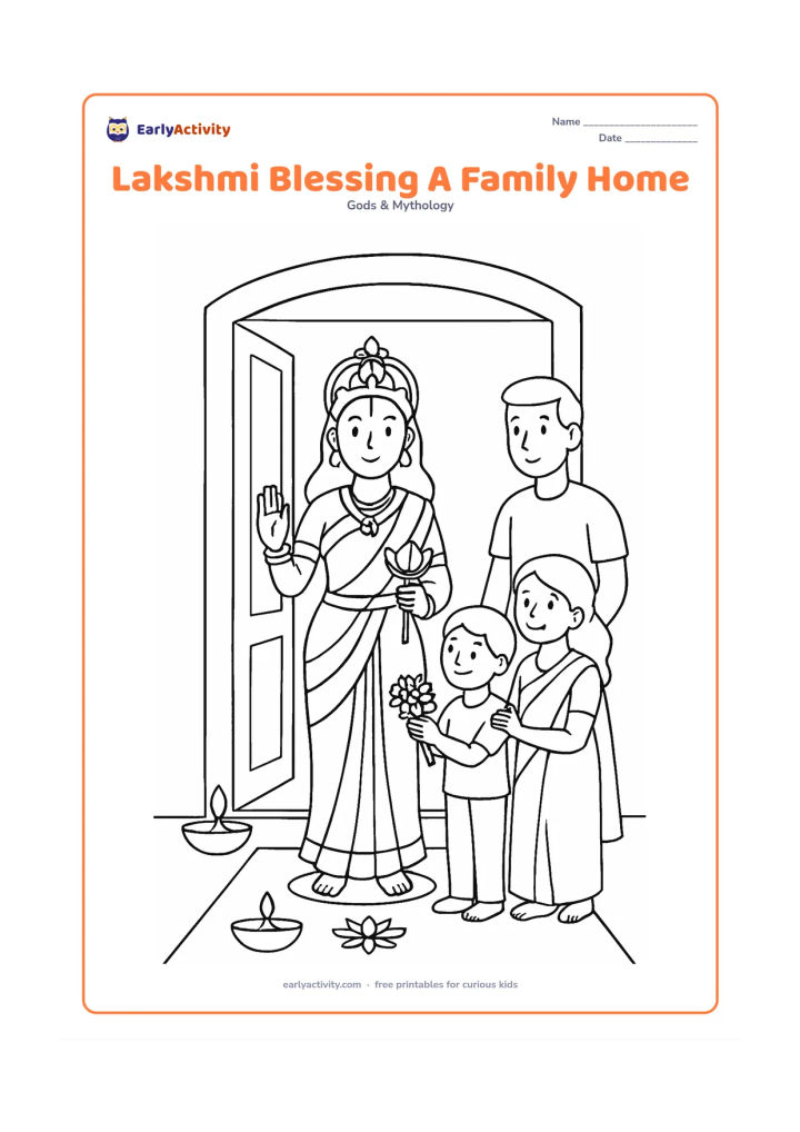 Colouring page: Draw Goddess Lakshmi standing at the entrance of a welcoming Indian home, with a small family offering flowers from one side. Include a doorway, two diyas, and a simple lotus motif on…