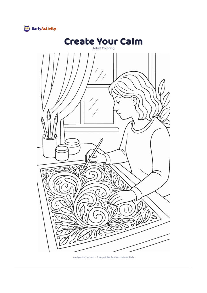 Colouring page: An adult paints a broad abstract pattern at a home desk beside brushes, jars, a potted plant and a softly lit window. The unfinished paper should show only blank shapes and swirls,…