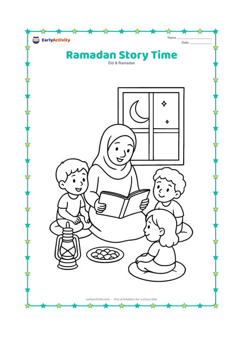 Colouring page: Draw an adult sharing a picture book with three children on floor cushions during a quiet afternoon. Include a lantern, a plate of dates, a window with a bright crescent moon, and no…