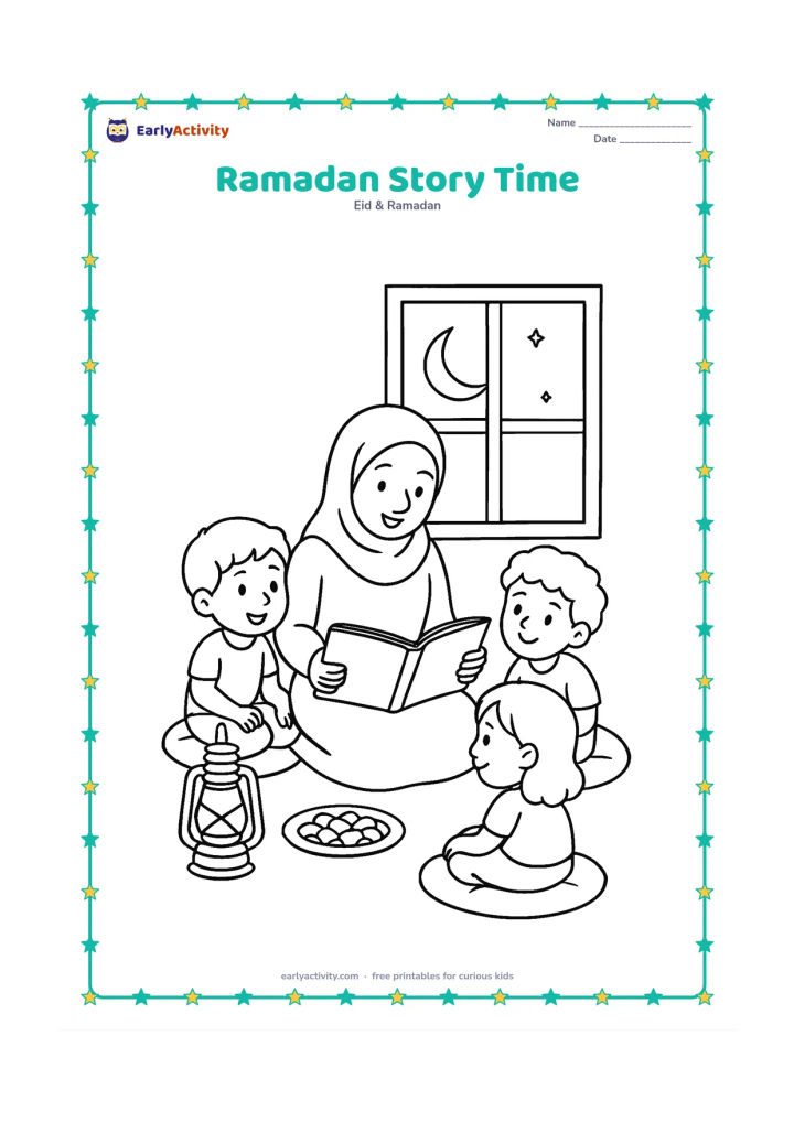 Colouring page: Draw an adult sharing a picture book with three children on floor cushions during a quiet afternoon. Include a lantern, a plate of dates, a window with a bright crescent moon, and no…