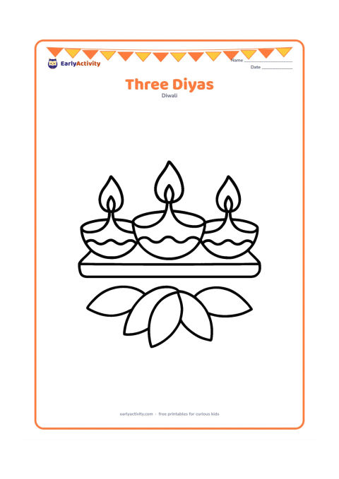 Colouring page: Three different-sized diyas sit in a row on a low tray, each with a clear flame and simple curved decoration. Add a few large petals beside the tray.