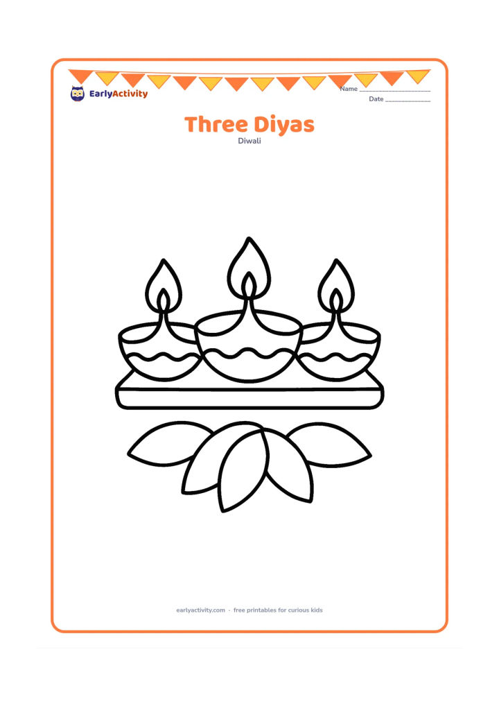Colouring page: Three different-sized diyas sit in a row on a low tray, each with a clear flame and simple curved decoration. Add a few large petals beside the tray.