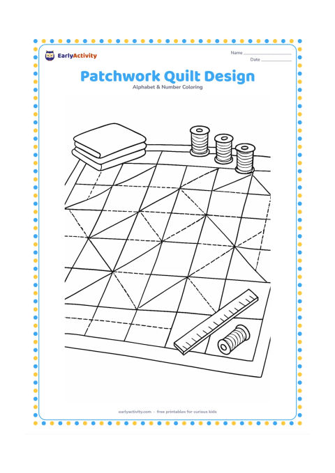 Colouring page: A large quilt is spread across a floor, showing many stitched geometric fabric patches arranged in a balanced pattern. Place folded fabrics, thread spools without labels, and a simple…