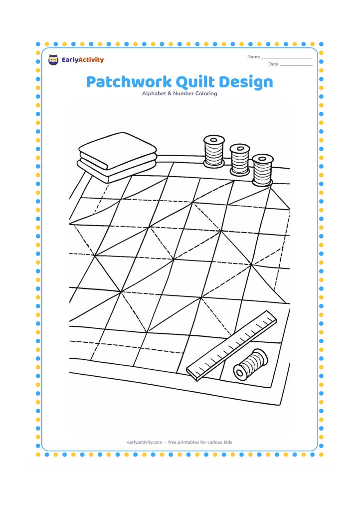 Colouring page: A large quilt is spread across a floor, showing many stitched geometric fabric patches arranged in a balanced pattern. Place folded fabrics, thread spools without labels, and a simple…