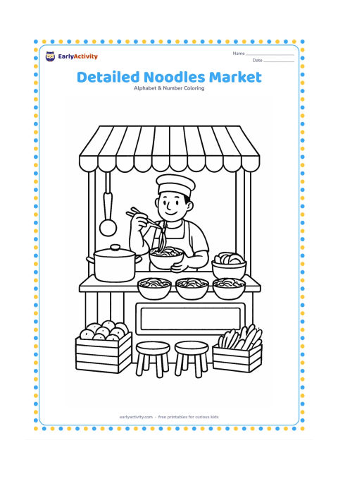 Colouring page: Draw a busy but friendly Indian street-food stall serving bowls of noodles, with a vendor, cooking pot, hanging ladle, stools, vegetable baskets, and a striped awning. Keep all signs and…
