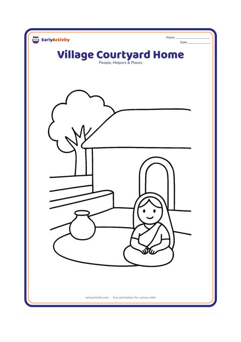 Colouring page: Draw a welcoming Indian village home around a small open courtyard, with a doorway, low wall, water pot, tree and a seated family member near the entrance. Keep the roof and courtyard…