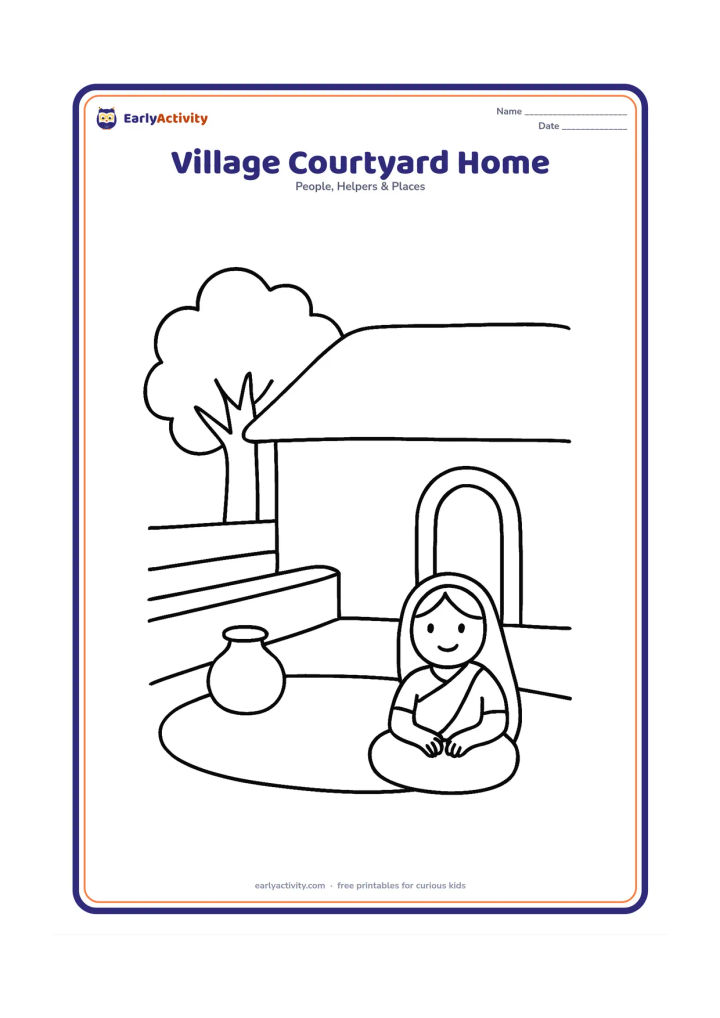 Colouring page: Draw a welcoming Indian village home around a small open courtyard, with a doorway, low wall, water pot, tree and a seated family member near the entrance. Keep the roof and courtyard…