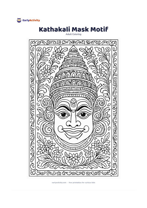 Colouring page: Draw a decorative traditional Kerala dance mask inspired by bold facial shapes, surrounded by curling leaves, flower clusters, layered crown forms and symmetrical ornamental borders. Do…