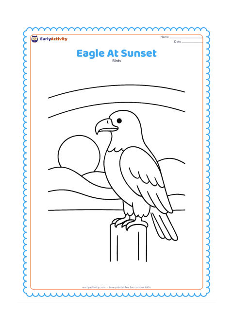 Colouring page: Draw a side-view eagle perched on a short post while a large round sun sits low behind distant rounded hills. Add three wide sky bands as curved empty sections.