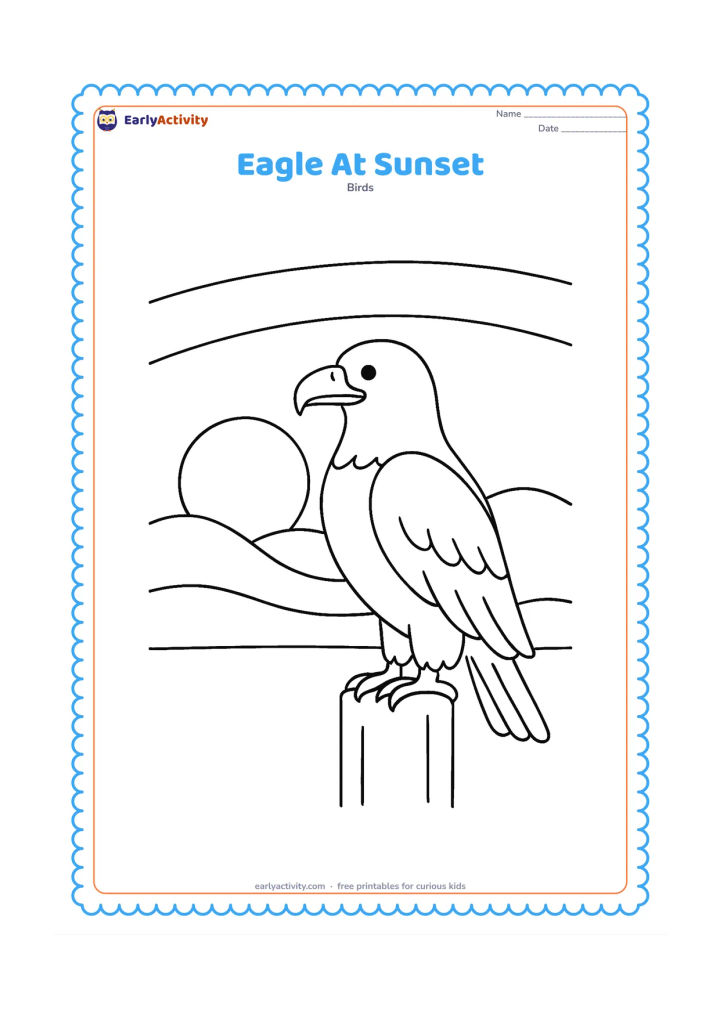 Colouring page: Draw a side-view eagle perched on a short post while a large round sun sits low behind distant rounded hills. Add three wide sky bands as curved empty sections.
