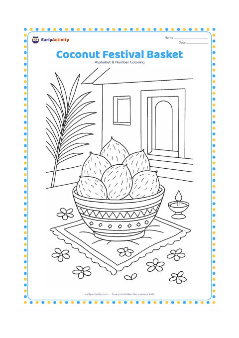 Colouring page: A decorated basket of coconuts rests on a cloth near a simple Indian home entrance, with palm leaves, flower petals, and a small brass lamp arranged around it. Do not include religious…