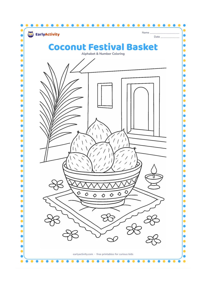 Colouring page: A decorated basket of coconuts rests on a cloth near a simple Indian home entrance, with palm leaves, flower petals, and a small brass lamp arranged around it. Do not include religious…