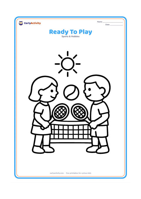 Colouring page: Two children facing each other across a simple tennis net, each holding a racket, with one large ball between them and a sun in the sky.