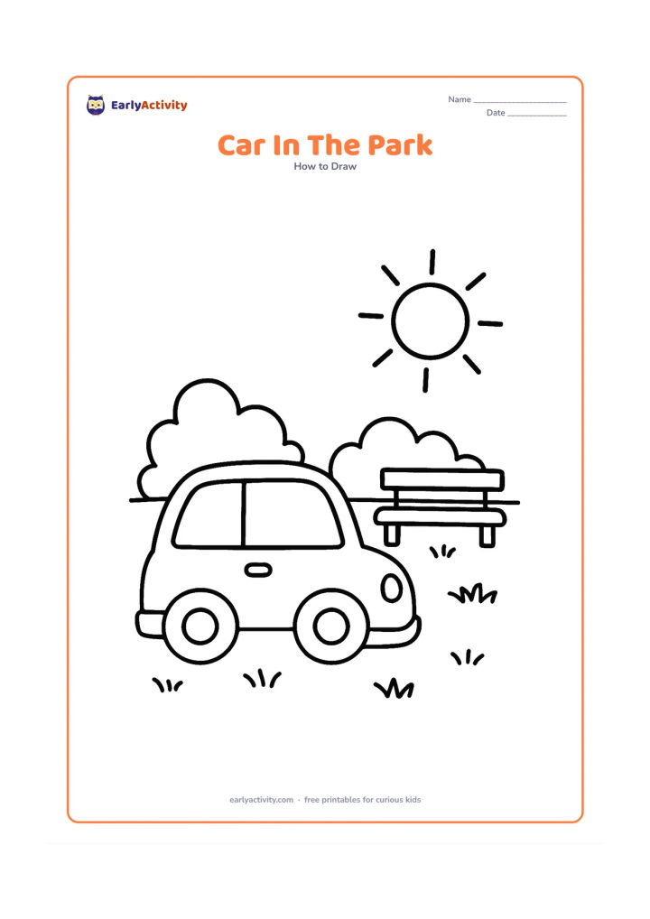 Worksheet: Show a friendly car beside a simple park scene with grass, two rounded bushes, a bench and a sun. Use a clear side view with large windows and wheels.