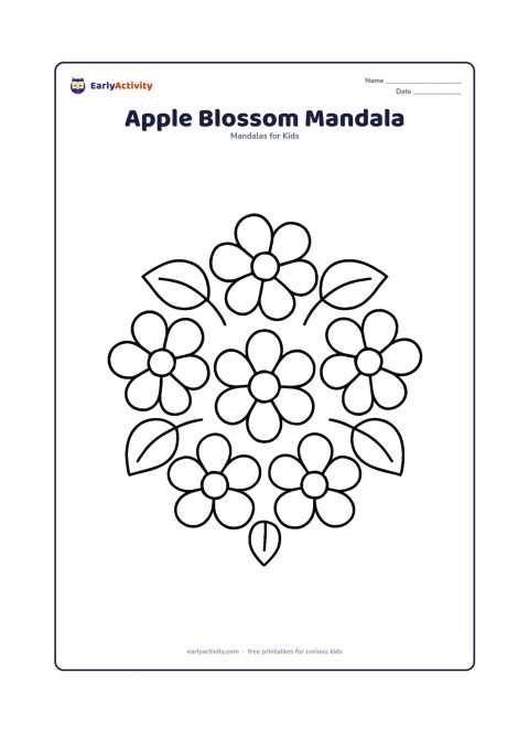 Colouring page: A circular mandala made from large five-petal blossoms, round leaves, and a simple central flower. Arrange the repeated shapes evenly around the centre without adding a scene or tiny…