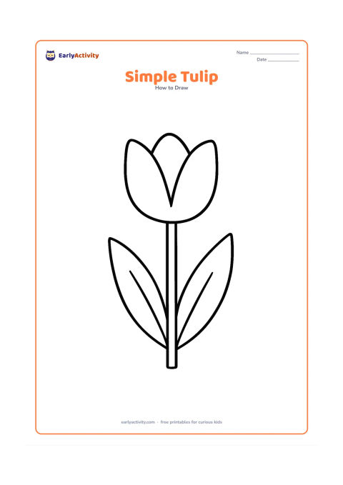 Worksheet: One tulip with a wide cup-shaped bloom, a straight stem and two large pointed leaves. Place it upright in the middle of the page with a clear outline and no extra scenery.