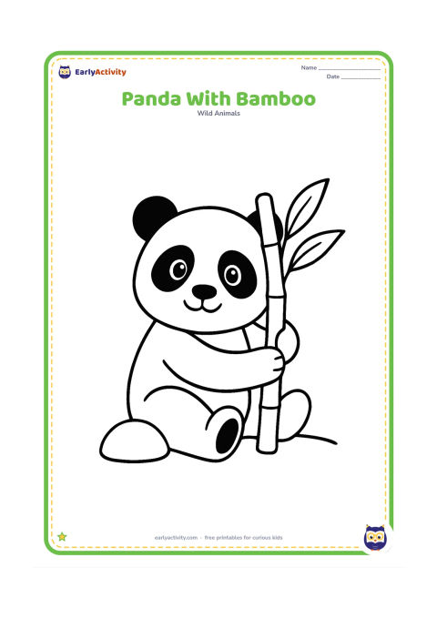 Colouring page: A seated panda hugs a thick bamboo stalk and looks toward the viewer. Place two large bamboo leaves and one rounded rock nearby.