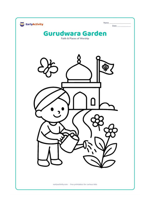 Colouring page: Draw a small gurudwara behind a garden where a child waters a large plant. Include the dome, Nishan Sahib, a path, two flowers and one butterfly.