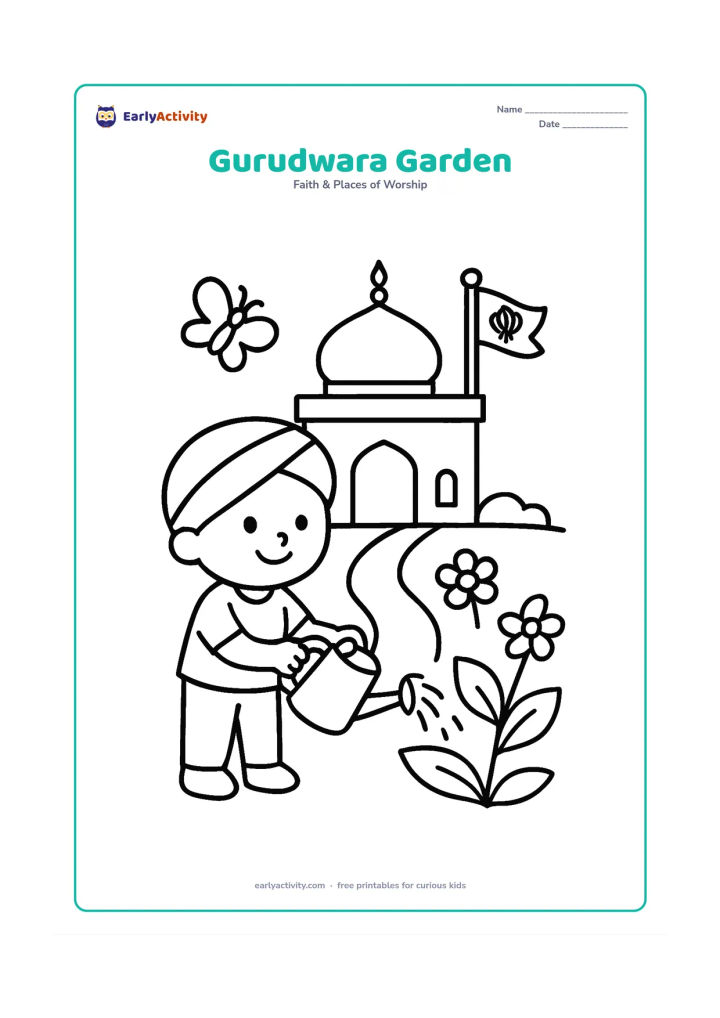 Colouring page: Draw a small gurudwara behind a garden where a child waters a large plant. Include the dome, Nishan Sahib, a path, two flowers and one butterfly.