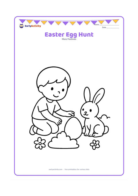 Colouring page: A child kneels beside a bush and reaches toward one large Easter egg, while a friendly bunny watches nearby. Add two simple flowers and a low rounded bush.