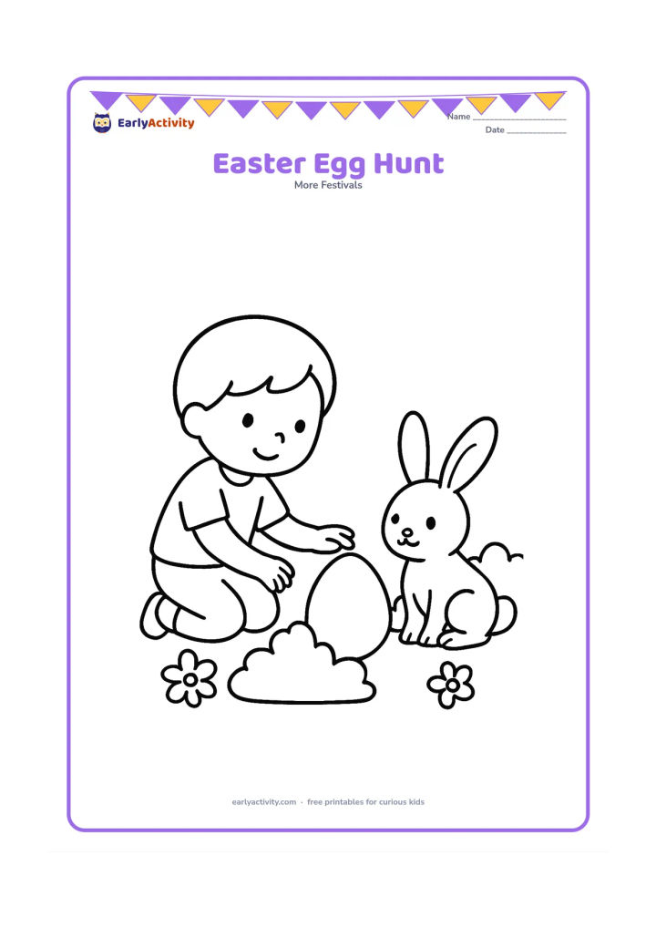 Colouring page: A child kneels beside a bush and reaches toward one large Easter egg, while a friendly bunny watches nearby. Add two simple flowers and a low rounded bush.