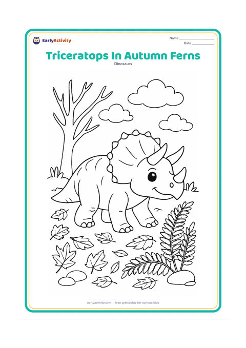 Colouring page: A triceratops walks through a prehistoric autumn scene with fallen leaves, tall ferns, rounded stones, and a bare-branched tree. Add a few clouds in the background.