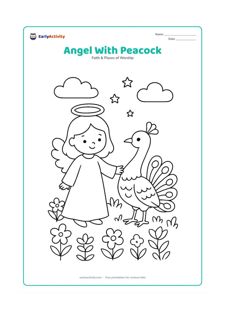 Colouring page: A friendly angel stands beside a calm peacock with its tail partly open, surrounded by flowers and low garden plants. Add two clouds and a few stars above the scene.