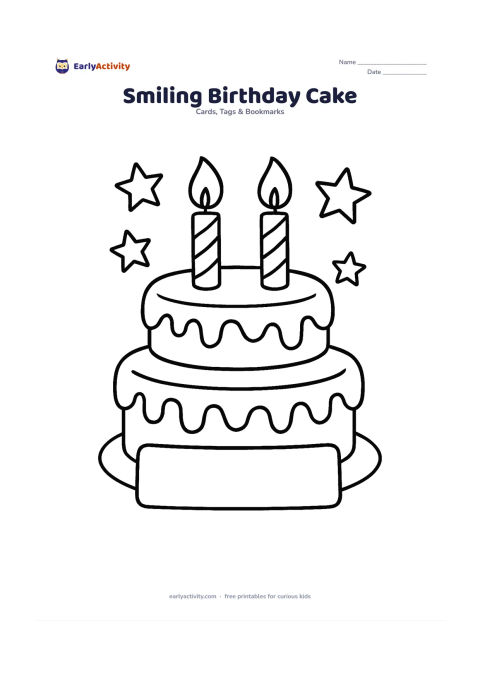 Worksheet: Draw a cheerful two-layer birthday cake with large candles, icing drips and a blank message panel underneath. Add a simple plate and a few large stars around the cake.