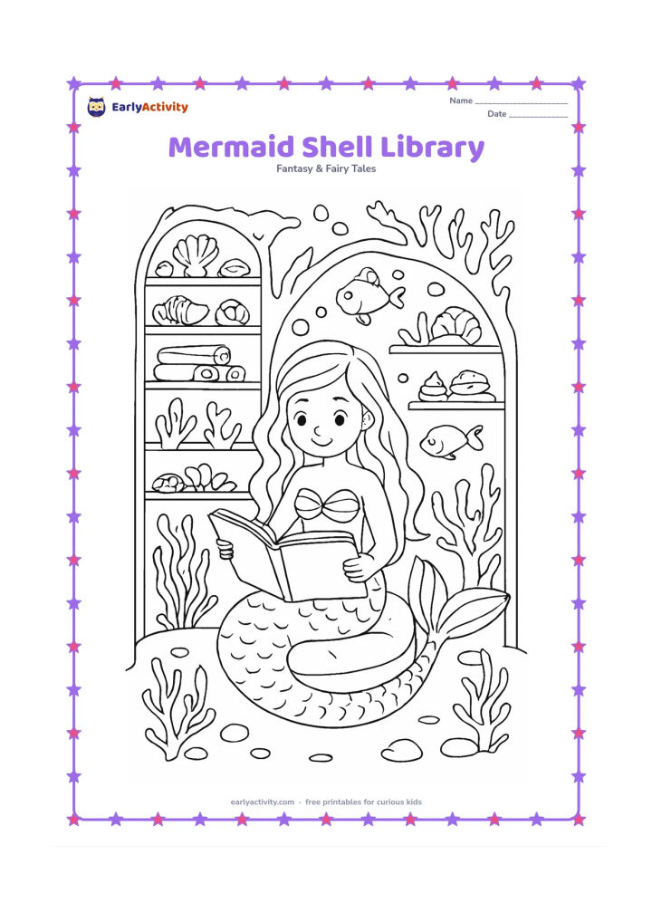 Colouring page: A mermaid reads a blank open book in an underwater library made from shell shelves and coral arches. Fill the shelves with shells, stones and rolled blank scrolls, and add fish, sea…