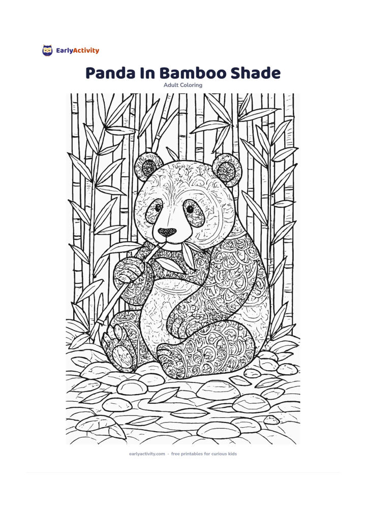 Colouring page: Draw a seated panda holding a bamboo stem and nibbling a leaf. Surround it with layered bamboo trunks, fallen leaves, rounded stones and a small shaded pool, using a centred…