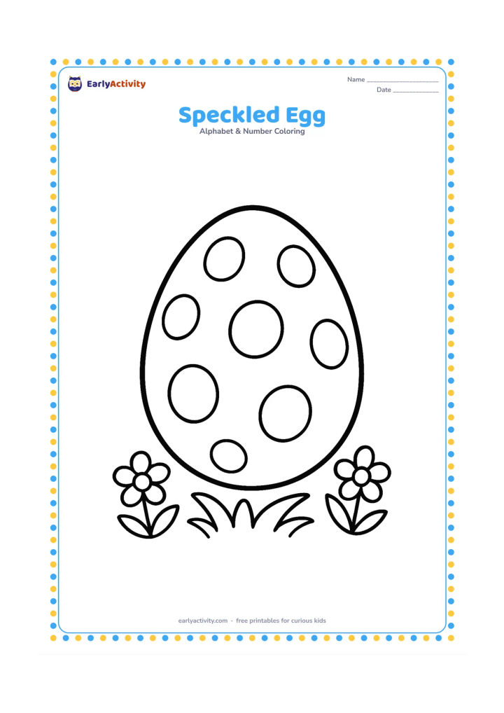 Colouring page: Draw one large egg upright in the centre with big rounded speckles across its shell. Add a small patch of grass beneath it and a few simple flowers nearby.