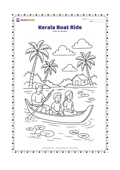 Colouring page: Draw a traditional long boat gliding along calm backwaters with two seated passengers and a boat rower. Add coconut palms, a small waterside house, lily pads, and reflected clouds.