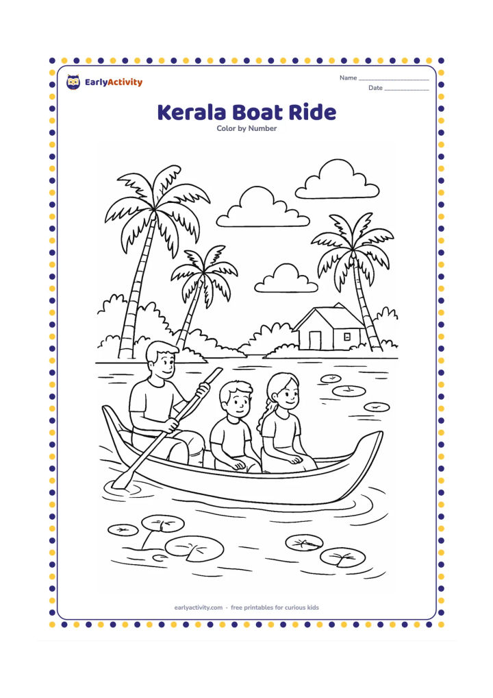 Colouring page: Draw a traditional long boat gliding along calm backwaters with two seated passengers and a boat rower. Add coconut palms, a small waterside house, lily pads, and reflected clouds.
