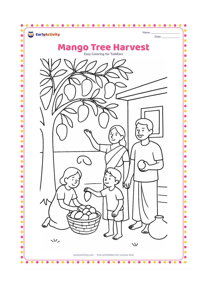 Colouring page: Draw a family gathering mangoes beneath a broad mature mango tree in an Indian courtyard. Show one person placing fruit into a woven basket, another reaching for a low branch, a clay pot…