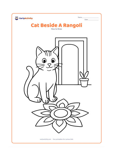 Worksheet: Draw a detailed sitting cat beside a simple geometric rangoli pattern on the floor, with a curved tail, striped forehead, whiskers, and distinct paws. Add a doorway and two small plant…