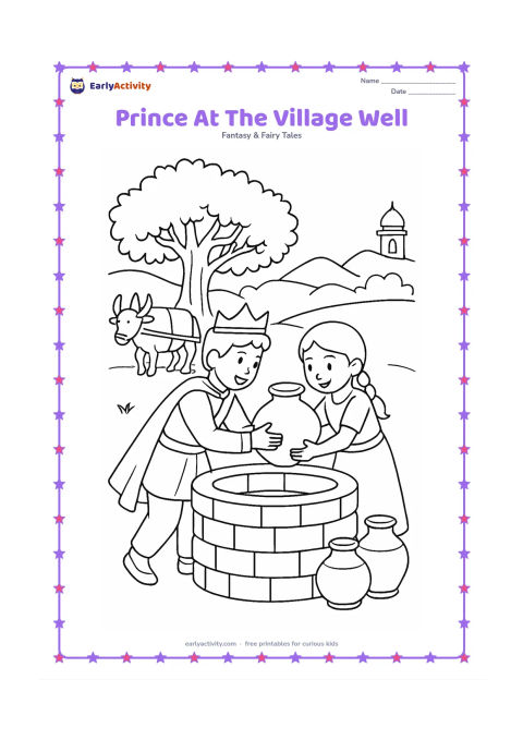Colouring page: A prince helps an Indian village child lift a water pot beside a round stone well. Show a bullock cart, a banyan tree, clay pots, and a distant palace tower, with no lettering.