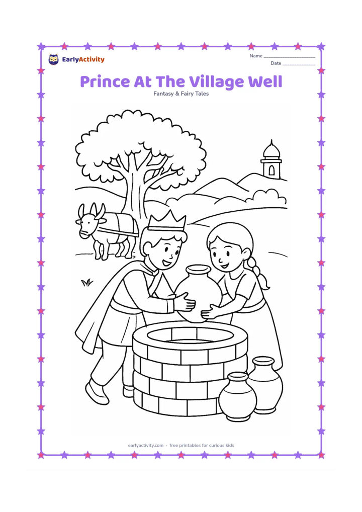 Colouring page: A prince helps an Indian village child lift a water pot beside a round stone well. Show a bullock cart, a banyan tree, clay pots, and a distant palace tower, with no lettering.