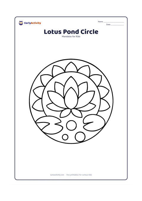Colouring page: A broad circular mandala with a large open lotus in the centre, surrounded by a ring of simple lotus petals and two big lily leaves. Add three large round pond bubbles between the leaves.