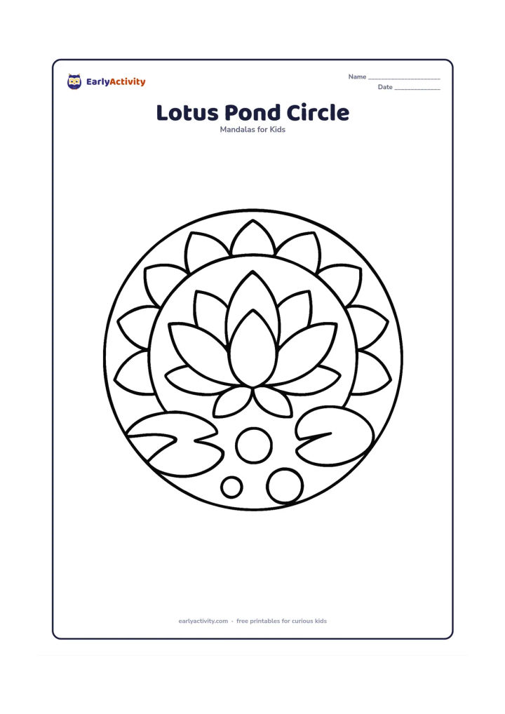 Colouring page: A broad circular mandala with a large open lotus in the centre, surrounded by a ring of simple lotus petals and two big lily leaves. Add three large round pond bubbles between the leaves.