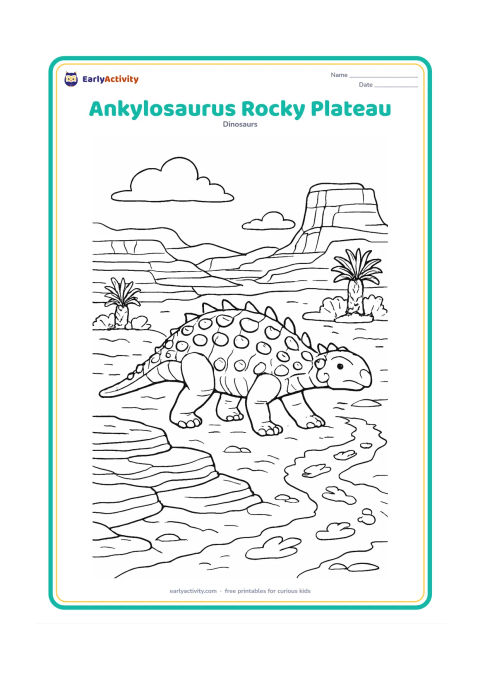 Colouring page: An Ankylosaurus crosses a rocky prehistoric plateau with layered stone shelves, sparse cycads, distant cliffs and a winding fossil footprint trail. Show the tail held slightly above the…