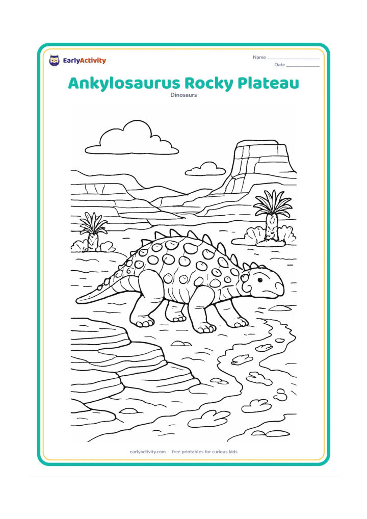 Colouring page: An Ankylosaurus crosses a rocky prehistoric plateau with layered stone shelves, sparse cycads, distant cliffs and a winding fossil footprint trail. Show the tail held slightly above the…