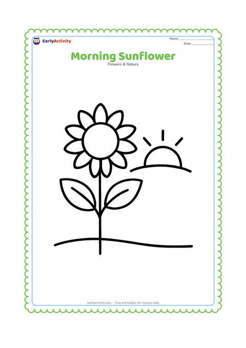 Colouring page: A sunflower with a thick stem and two large leaves faces a simple rising sun with a few short rays. Place the flower in a low garden bed with one curved soil line.