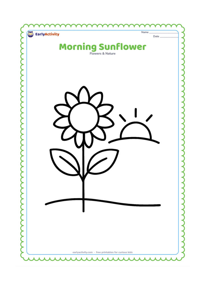 Colouring page: A sunflower with a thick stem and two large leaves faces a simple rising sun with a few short rays. Place the flower in a low garden bed with one curved soil line.