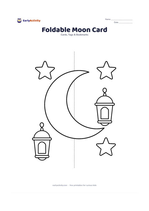 Worksheet: A symmetrical card front has a large crescent moon split across the centre fold, with matching stars and lanterns on both sides. Show a faint vertical fold guide without any writing.